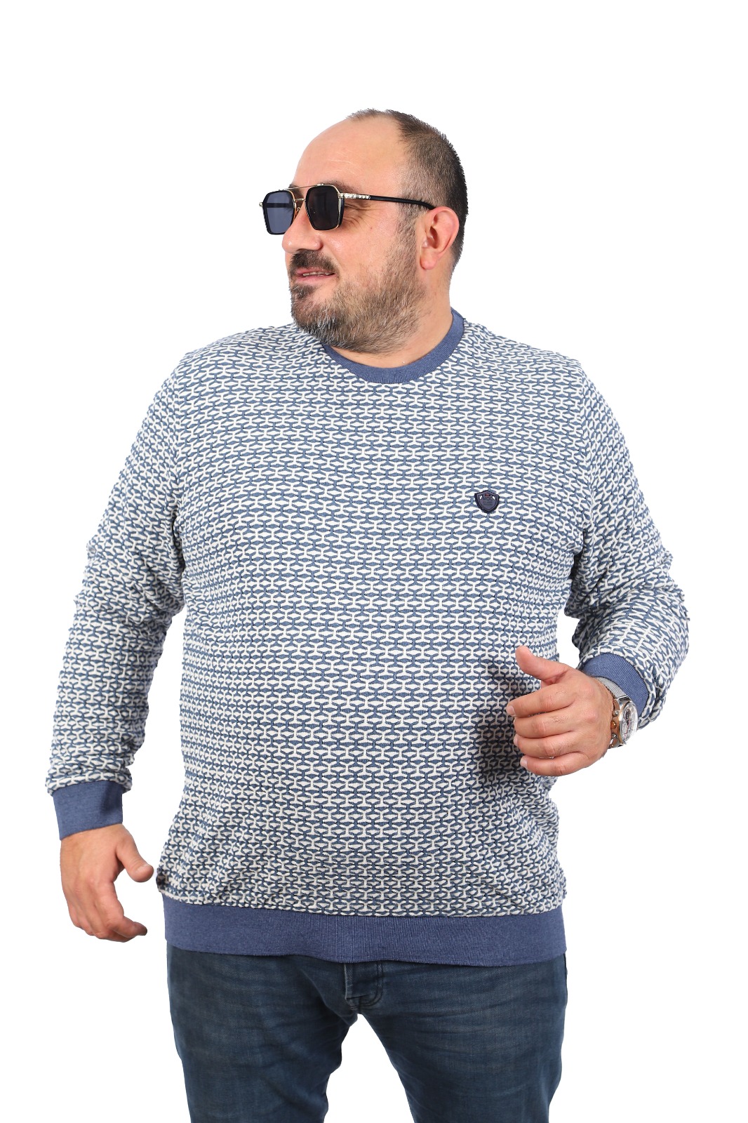 Кружно деколте блуза со син дезен предна страна 3xl 4xl 6xl 6xl 7xl 8xl