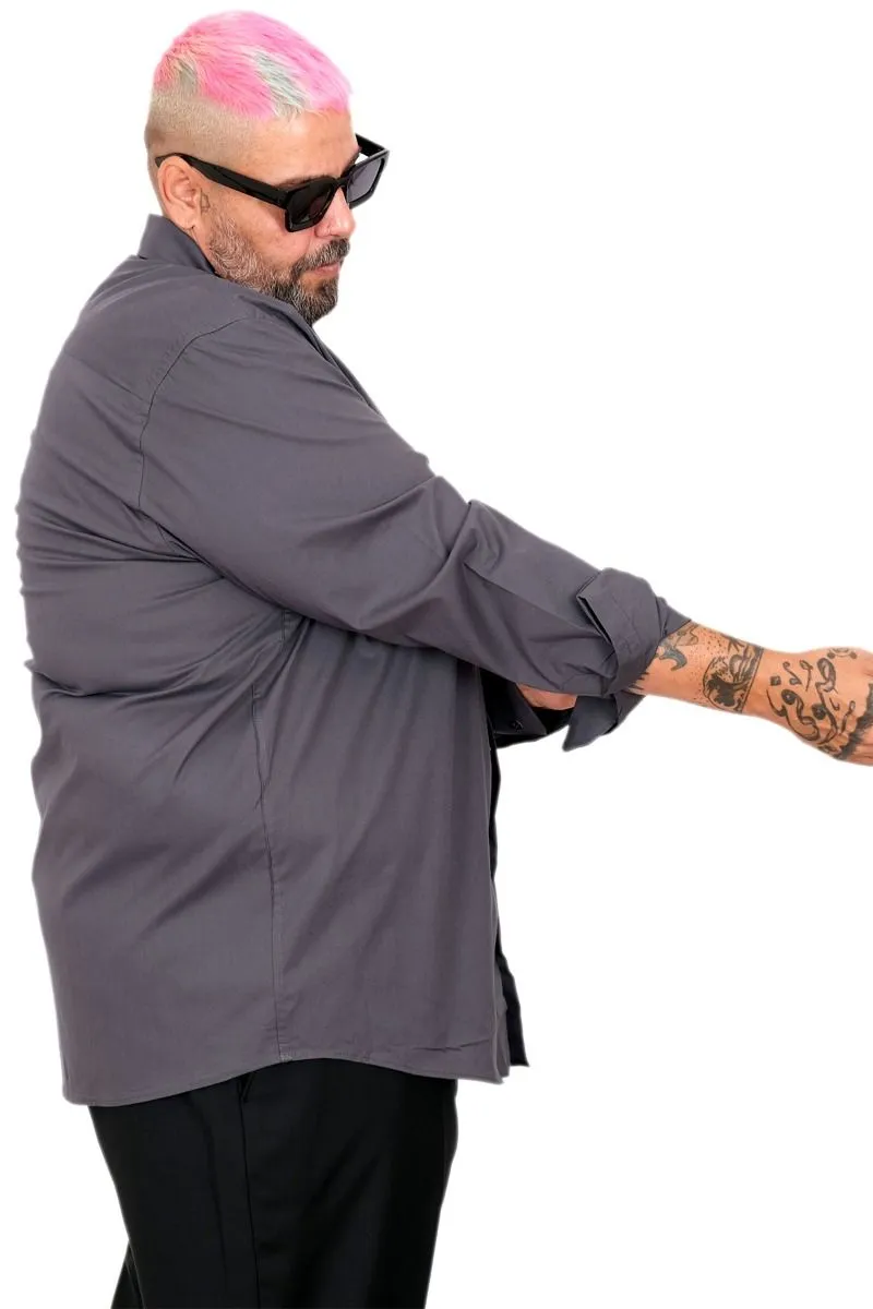 Голема еднобојна сива кошула 3XL 4XL 5XL 6XL 7XL предна страна ракав затегант