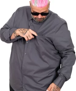 Голема еднобојна сива кошула 3XL 4XL 5XL 6XL 7XL предна страна џеб