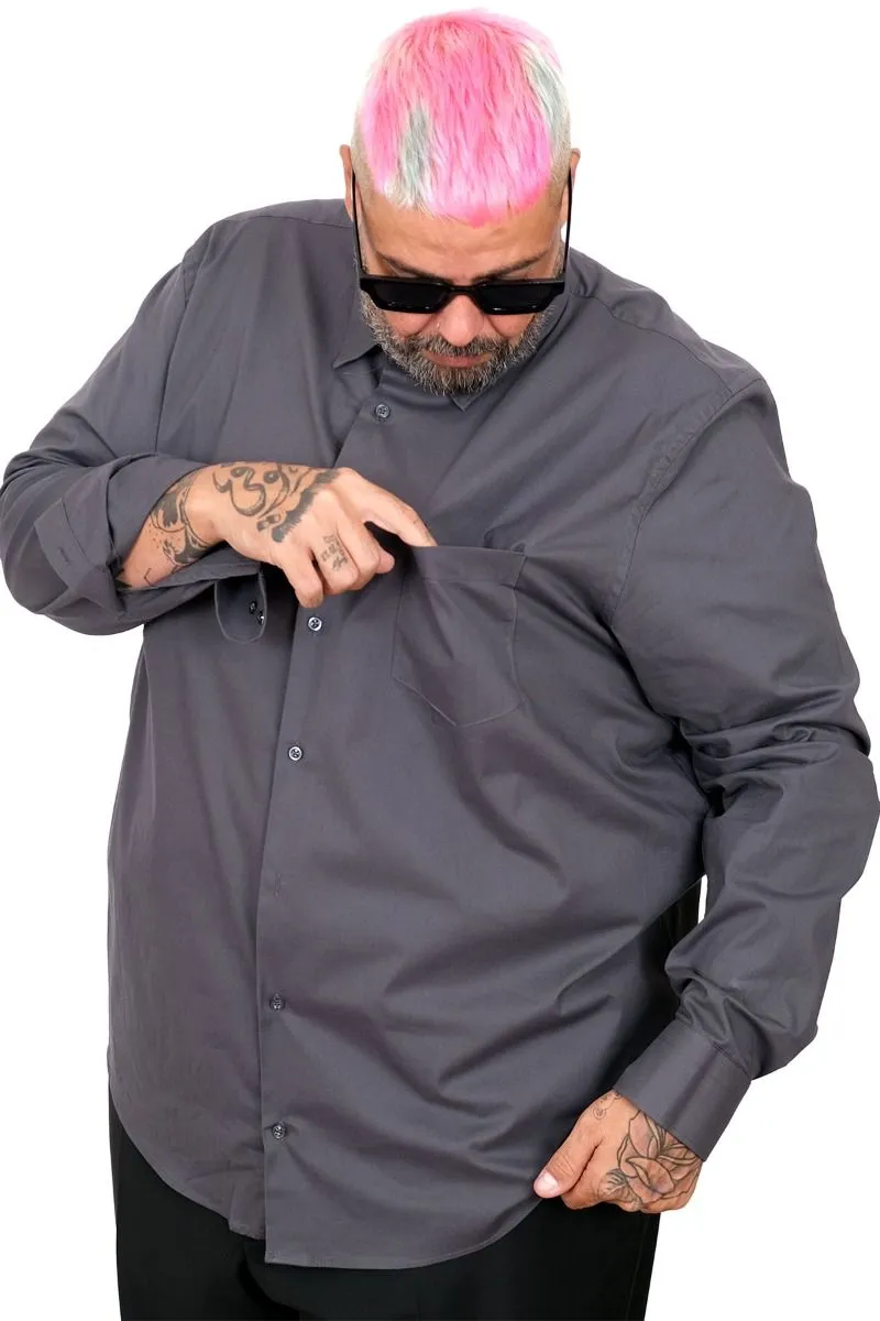 Голема еднобојна сива кошула 3XL 4XL 5XL 6XL 7XL предна страна џеб