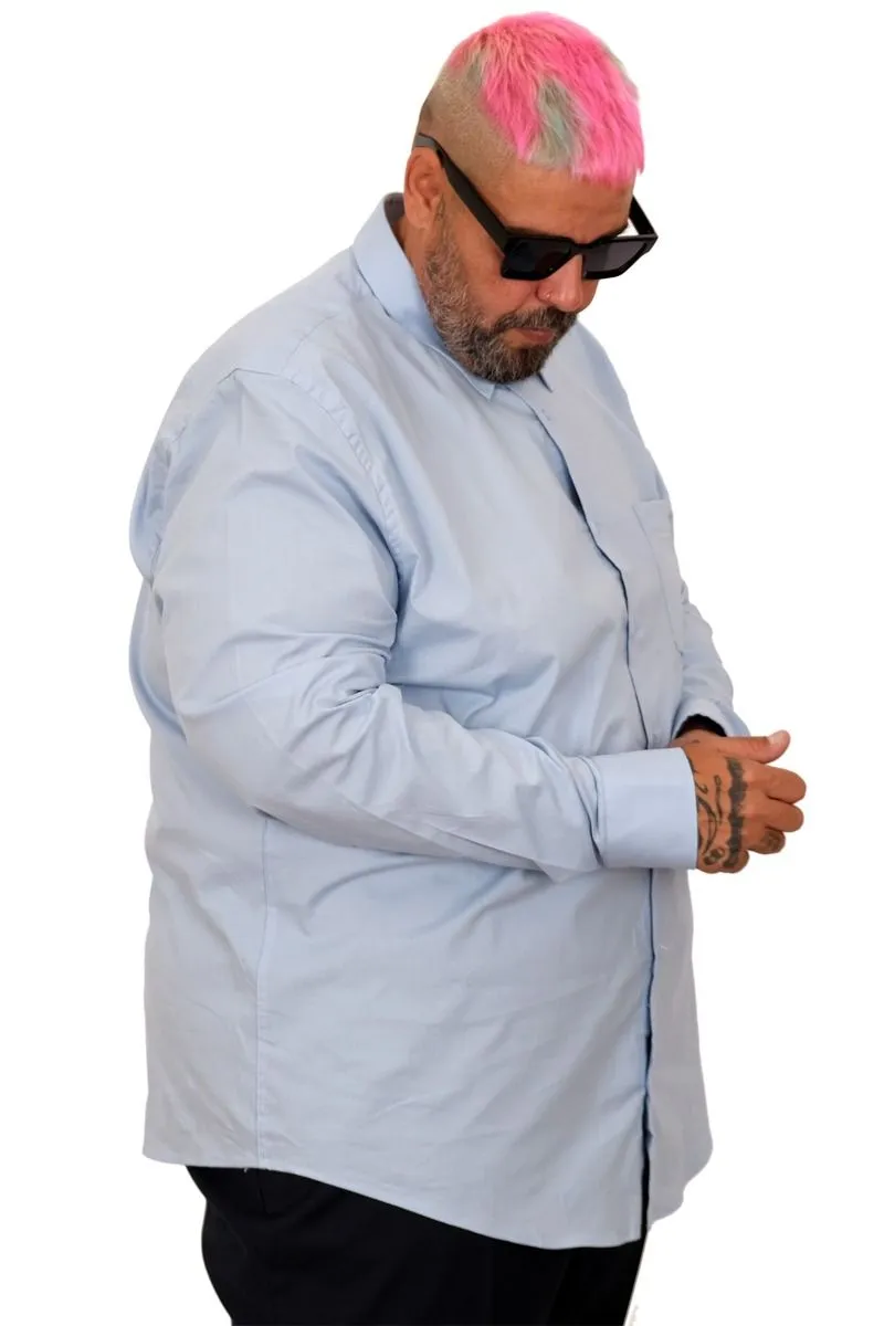 Голема еднобојна светло сина кошула 3XL 4XL 5XL 6XL 7XL предна страна ракав