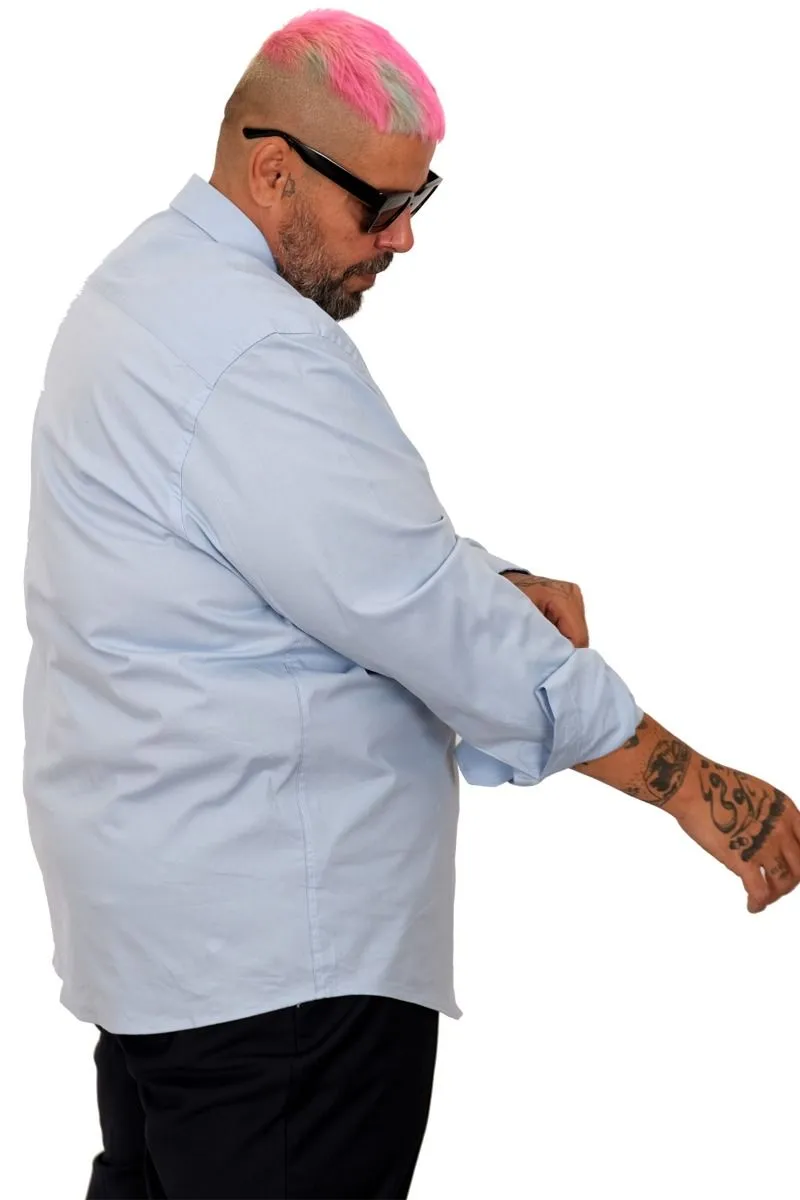 Голема еднобојна светло сина кошула 3XL 4XL 5XL 6XL 7XL предна страна ракав странично