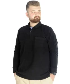 Црна голема поло блуза релјефен плетен матријал во големини од 8XL 9XL 10XL предна страна зголемена ткаенина