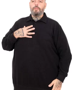 Црна голема поло блуза релјефен плетен матријал во големини од 8XL 9XL 10XL предна страна истегнато