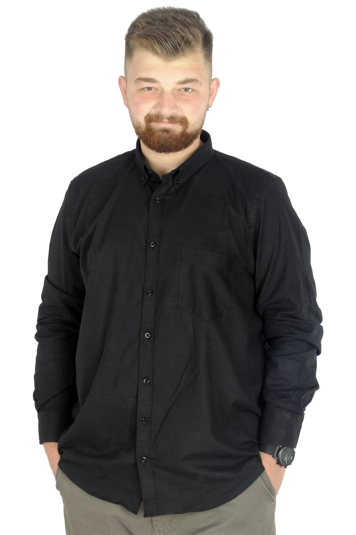 Голема црна машка кошула 3XL - 10XL памук, ликра